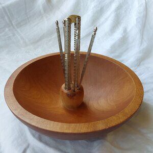Vintage Baribocraft wood nut bowl with nutcracker and picks